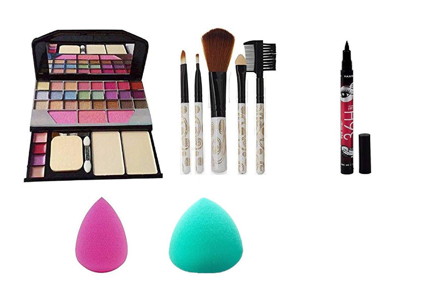 Makeup kit + 5 pcs Makeup Brush + 2 pc Blender Puff And Eyeliner pen