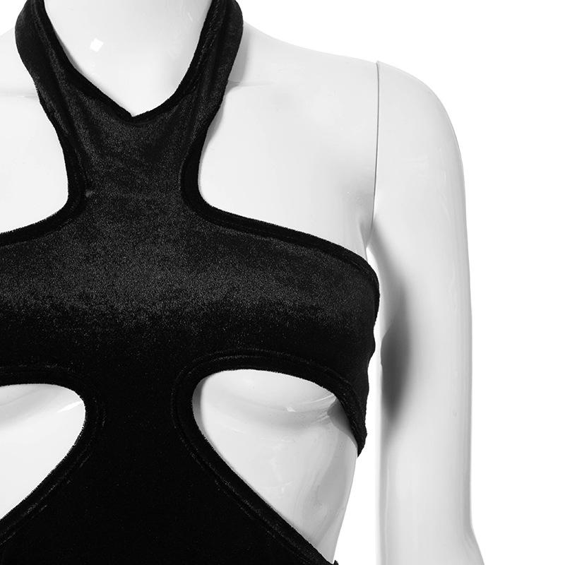 Patchwork Cut Out Black Halter Dresses