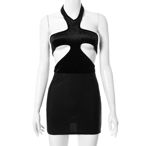 Patchwork Cut Out Black Halter Dresses