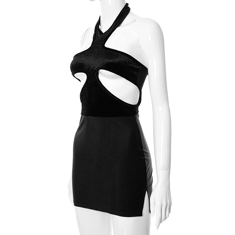 Patchwork Cut Out Black Halter Dresses