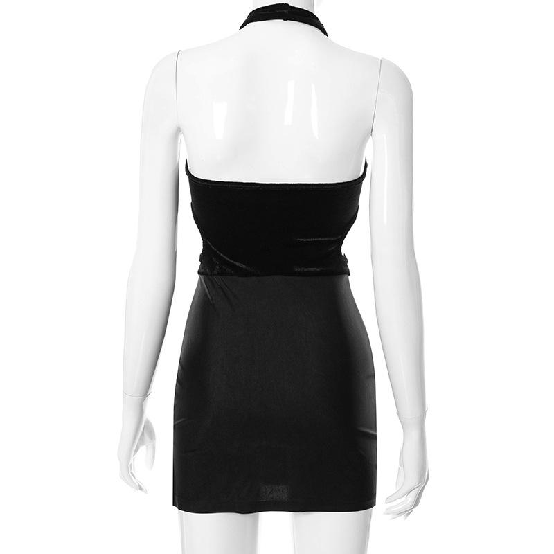 Patchwork Cut Out Black Halter Dresses