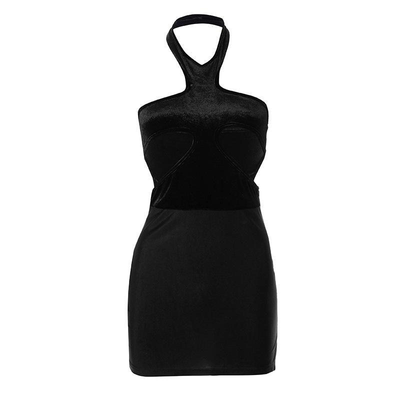 Patchwork Cut Out Black Halter Dresses
