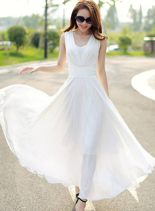 White V-Neck Long Maxi Dress