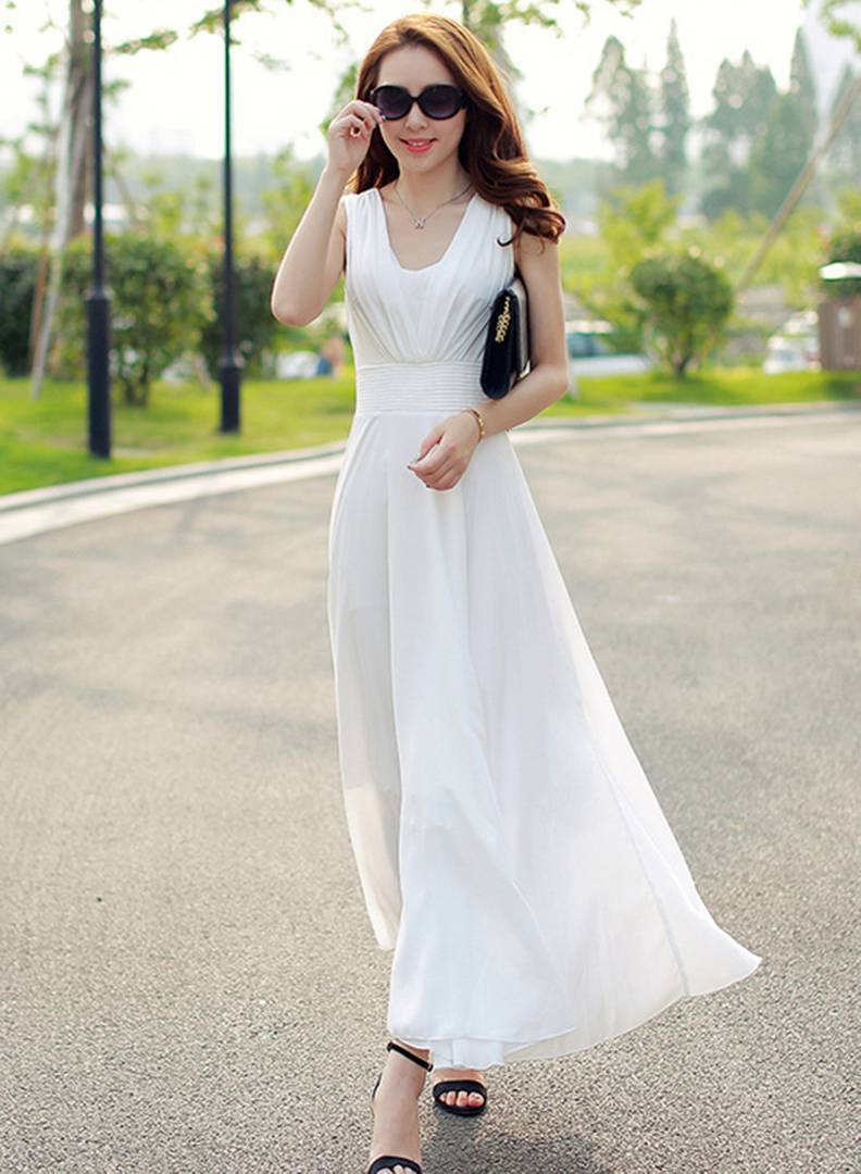 White V-Neck Long Maxi Dress