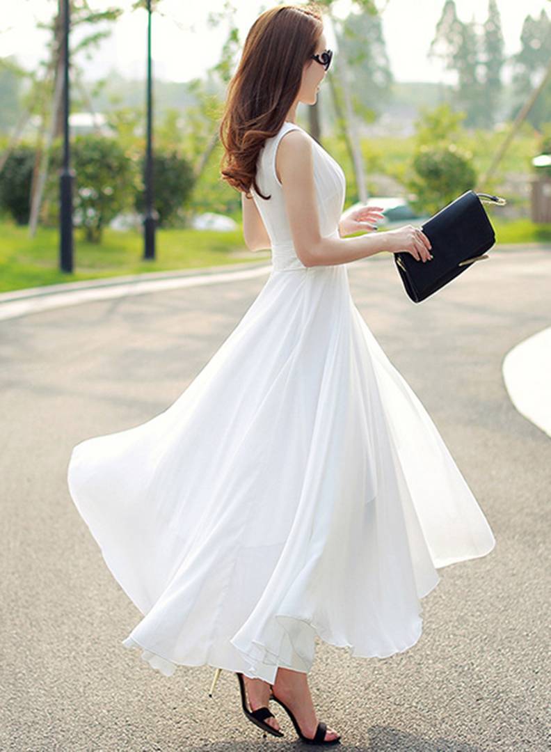 White V-Neck Long Maxi Dress