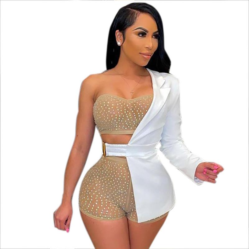2021 summer white notched belt waist sexy women blazer