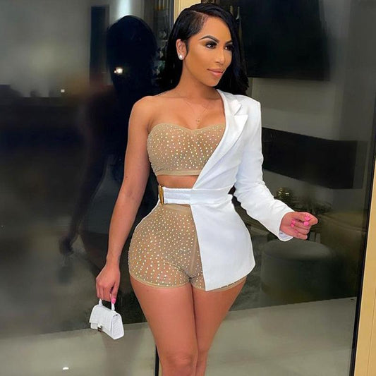 2021 summer white notched belt waist sexy women blazer